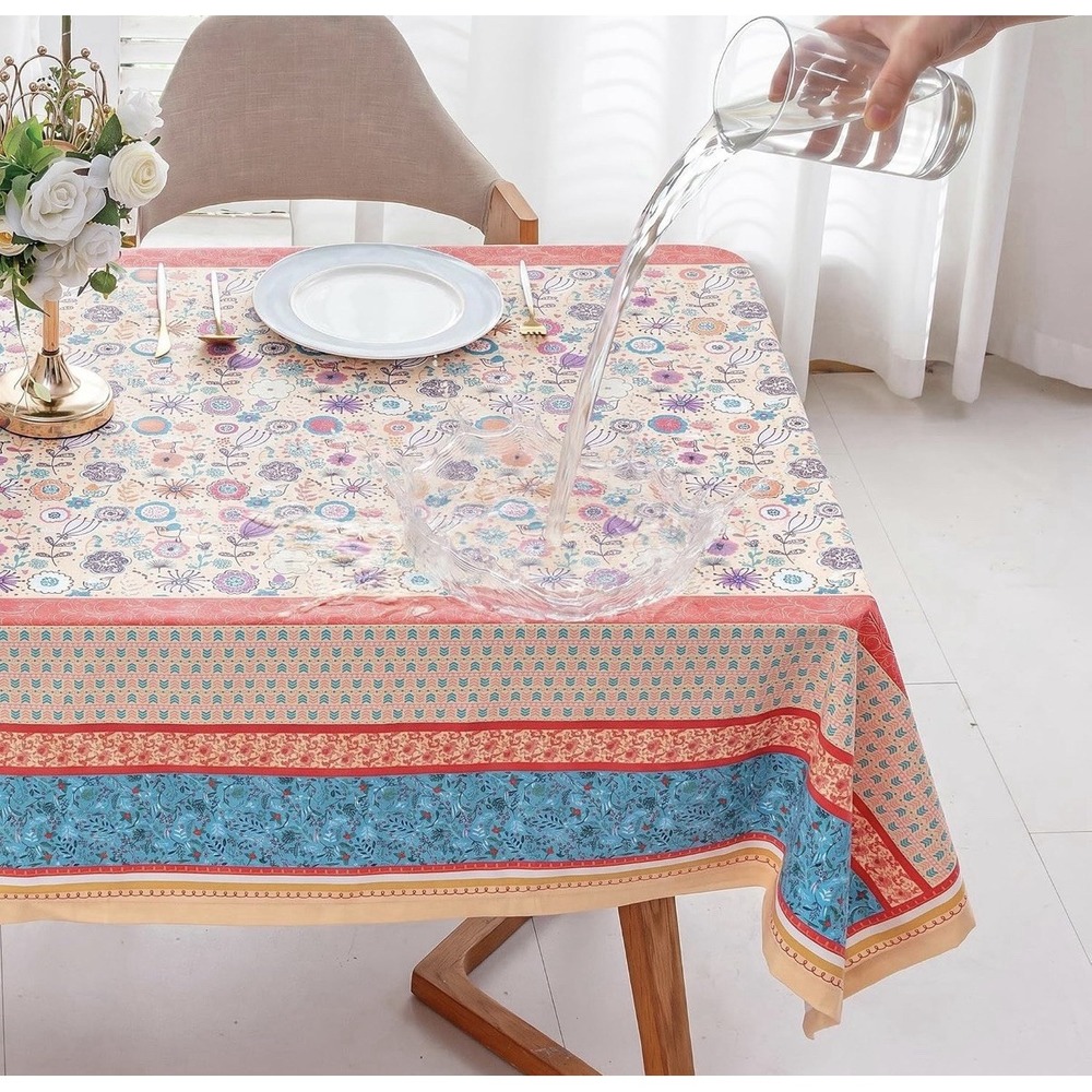 Spring Boho Floral Poly-Cotton Rectangle Tablecloth 58x115 Waterproof Wipeable